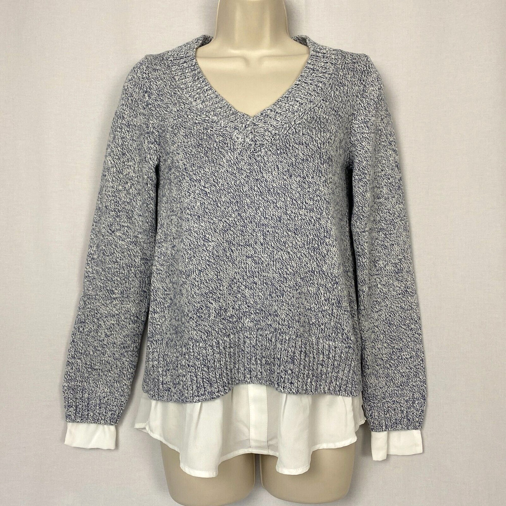 WHBM Sweater Small Womens TwoFer Layered V Neck Long Sleeve Indigo Chunky